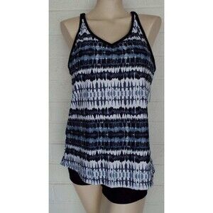 New Yonique Large Black White Geometric Tie Dye 2 Piece Tankini